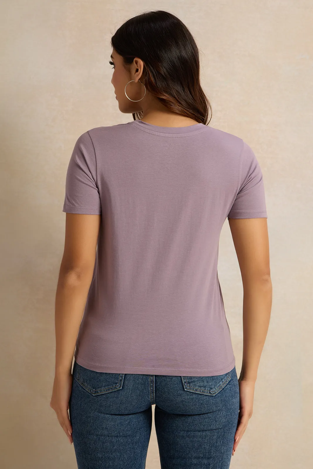 Women Mauve Basic Crew Neck T-Shirt sold by Redtag product image thumbnail 3