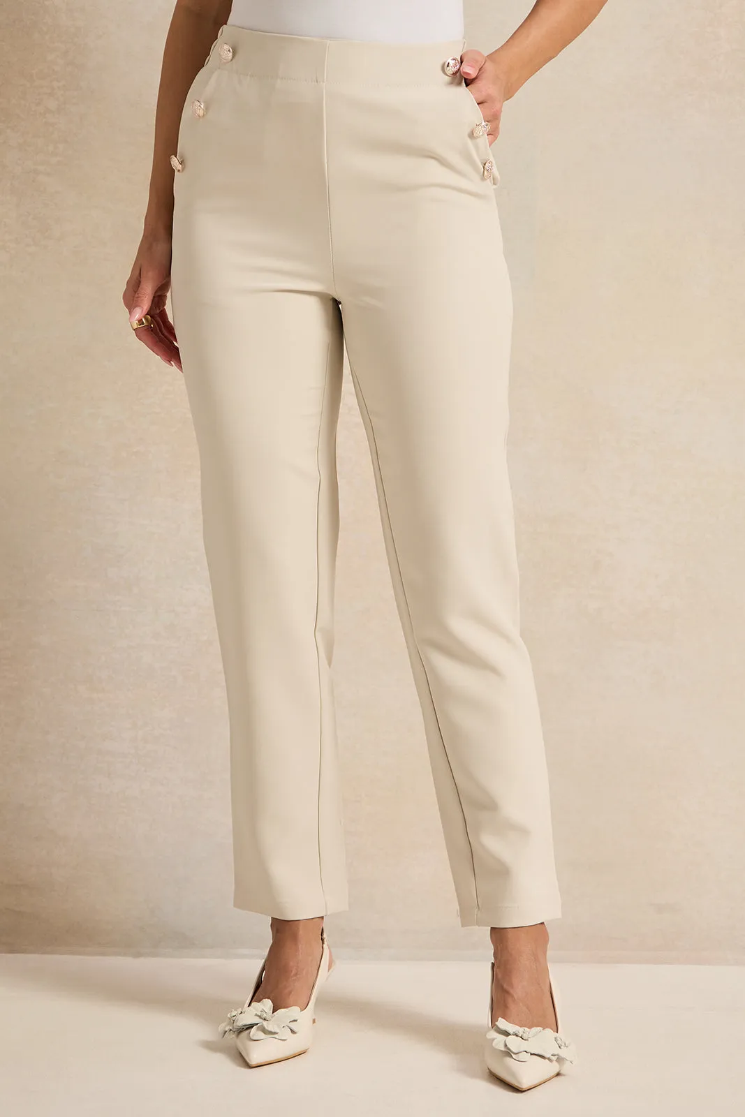 Women Beige Button Detailed Trousers sold by Redtag