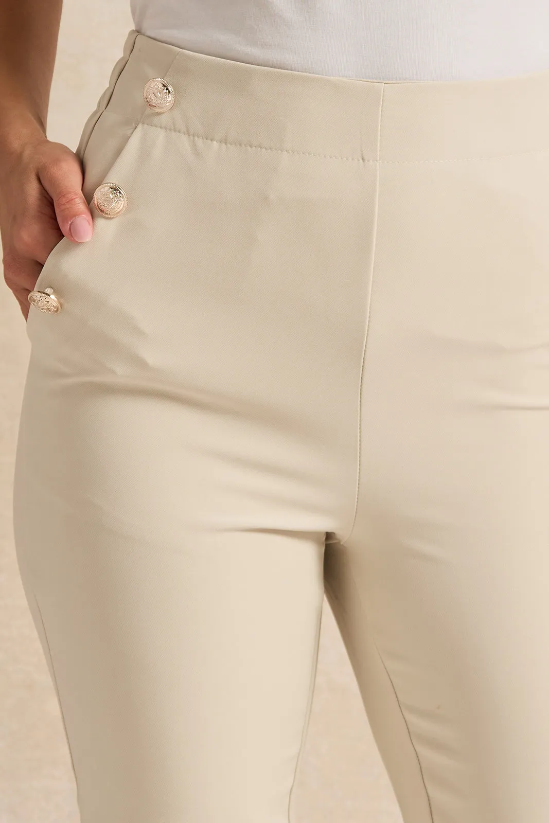 Women Beige Button Detailed Trousers sold by Redtag product image thumbnail 4
