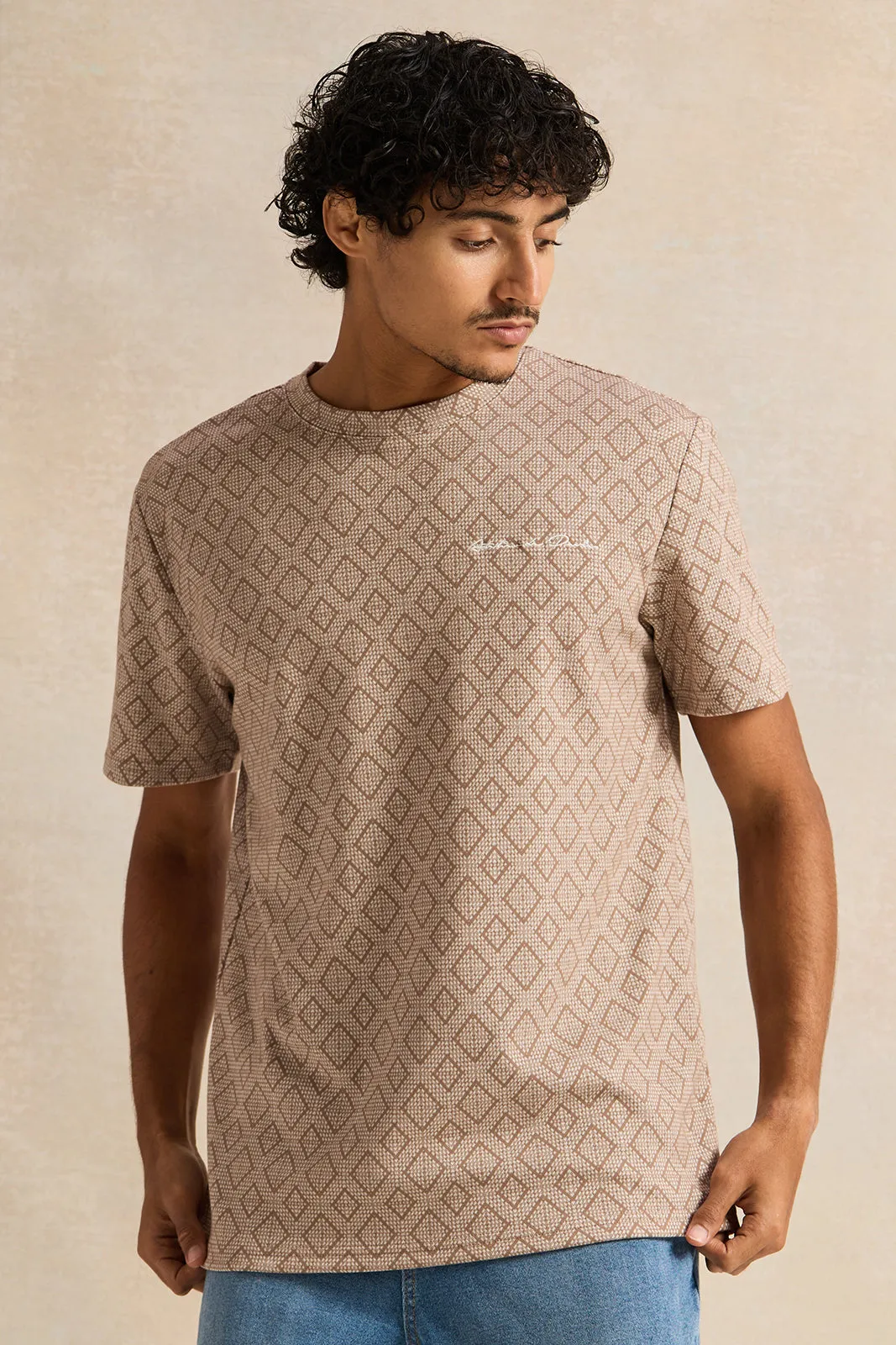 Men Beige Printed T-Shirt sold by Redtag
