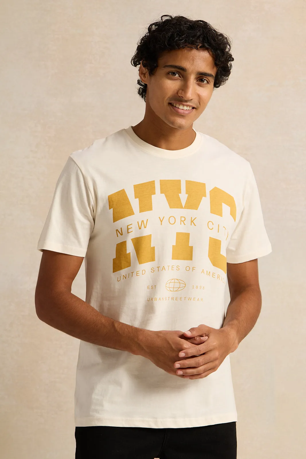 Men Beige Printed T-Shirt sold by Redtag