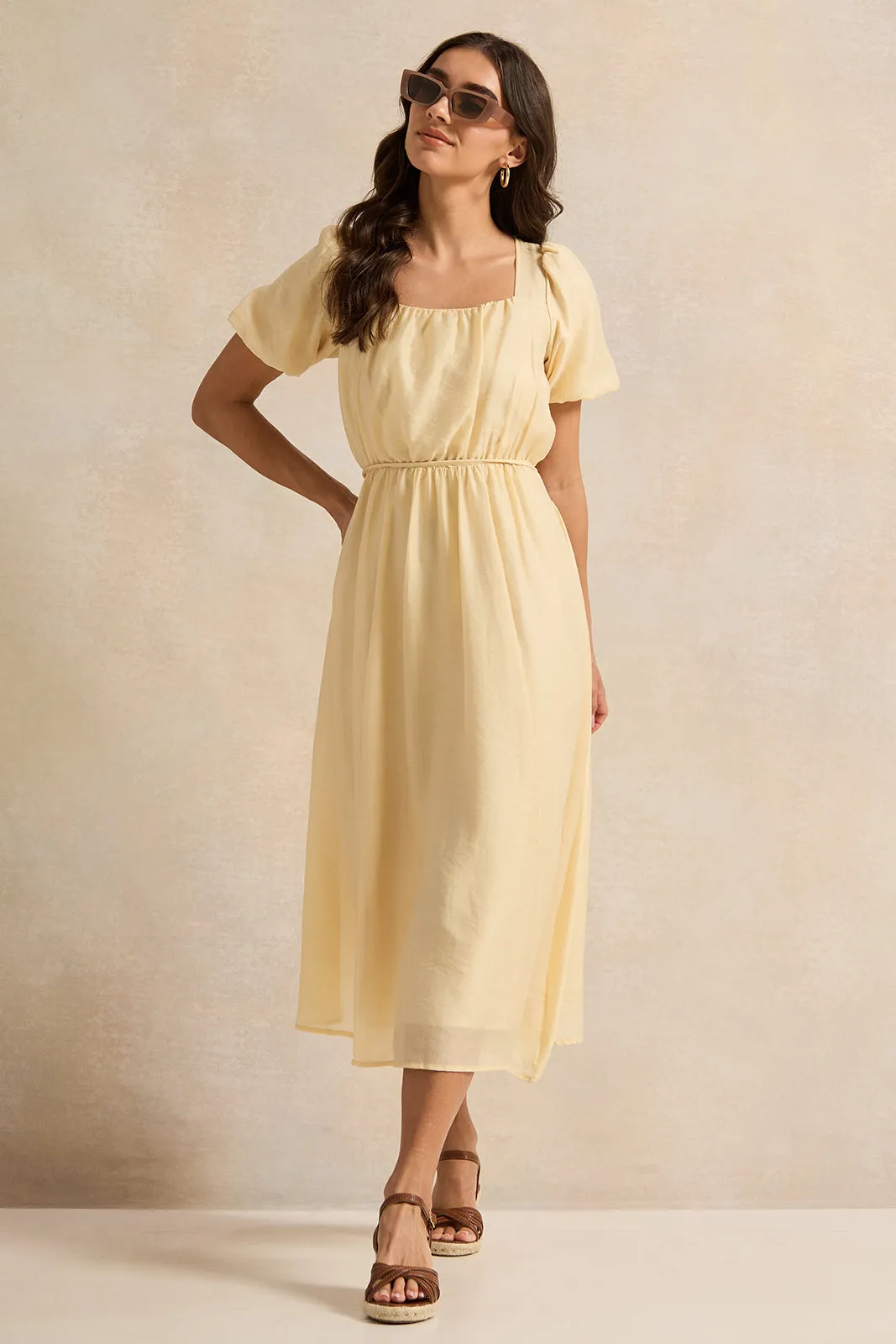 Women Yellow Square Neck Dress sold by Redtag