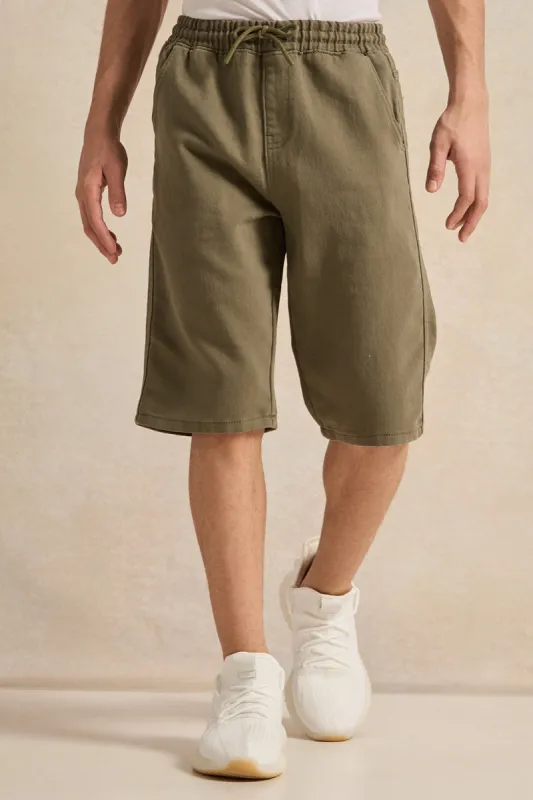 Senior Boys Olive Pull-On Denim Shorts sold by Redtag