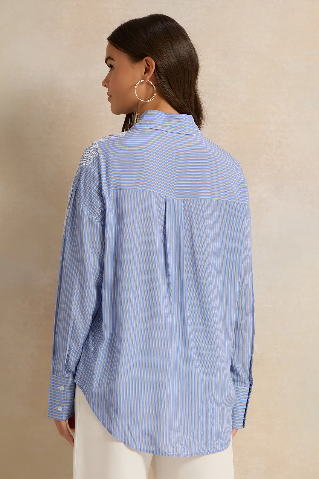 Women Blue Lace Patch Striped Shirt sold by Redtag product image thumbnail 4