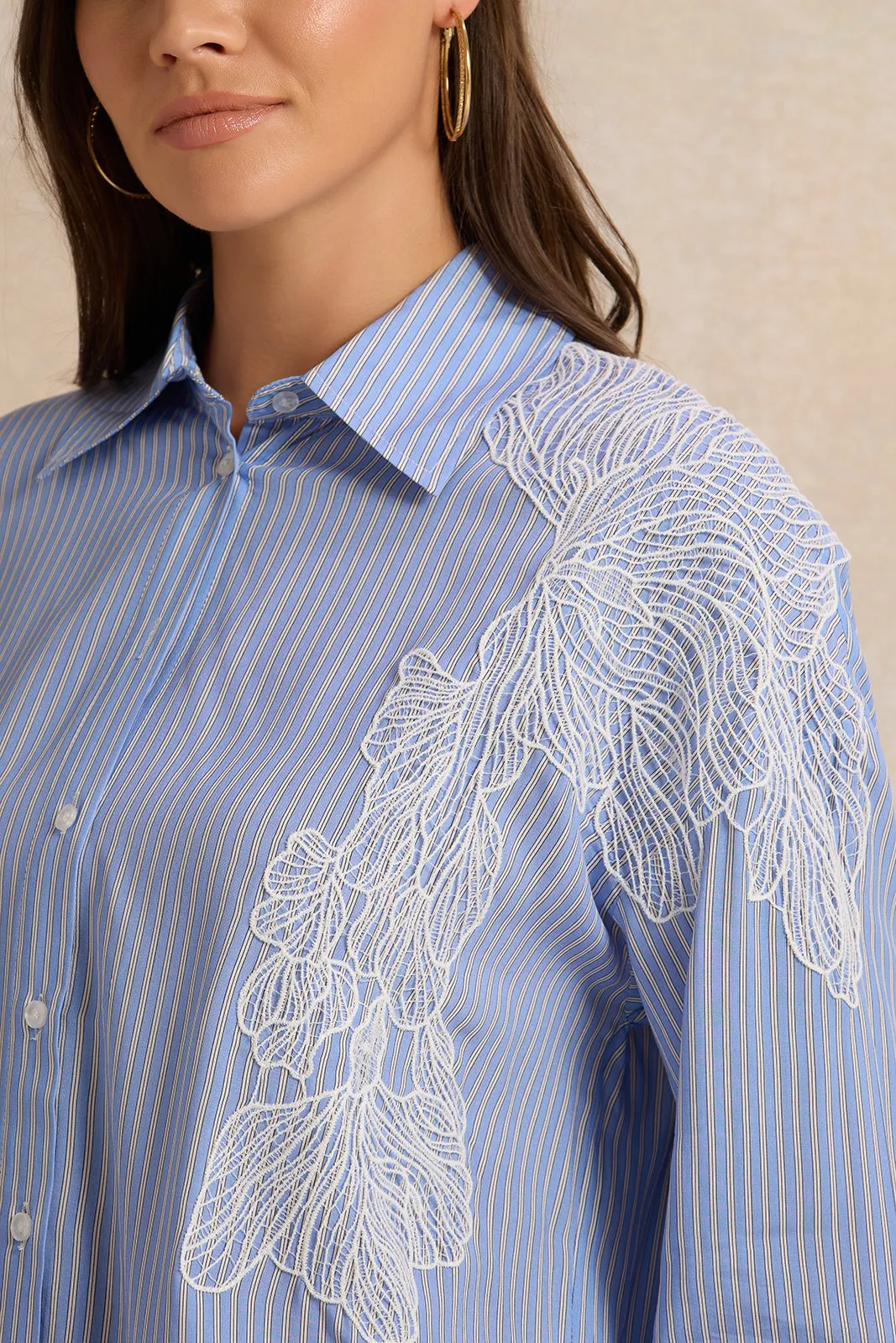 Women Blue Lace Patch Striped Shirt sold by Redtag product image thumbnail 3