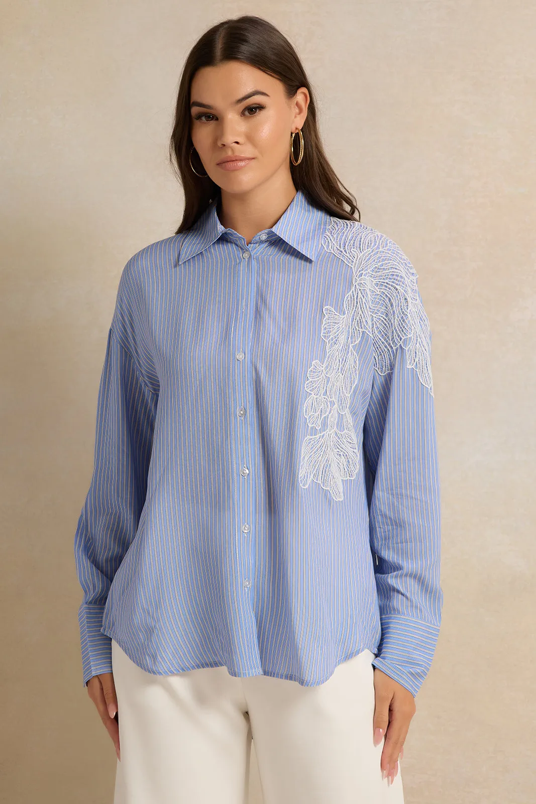 Women Blue Lace Patch Striped Shirt sold by Redtag