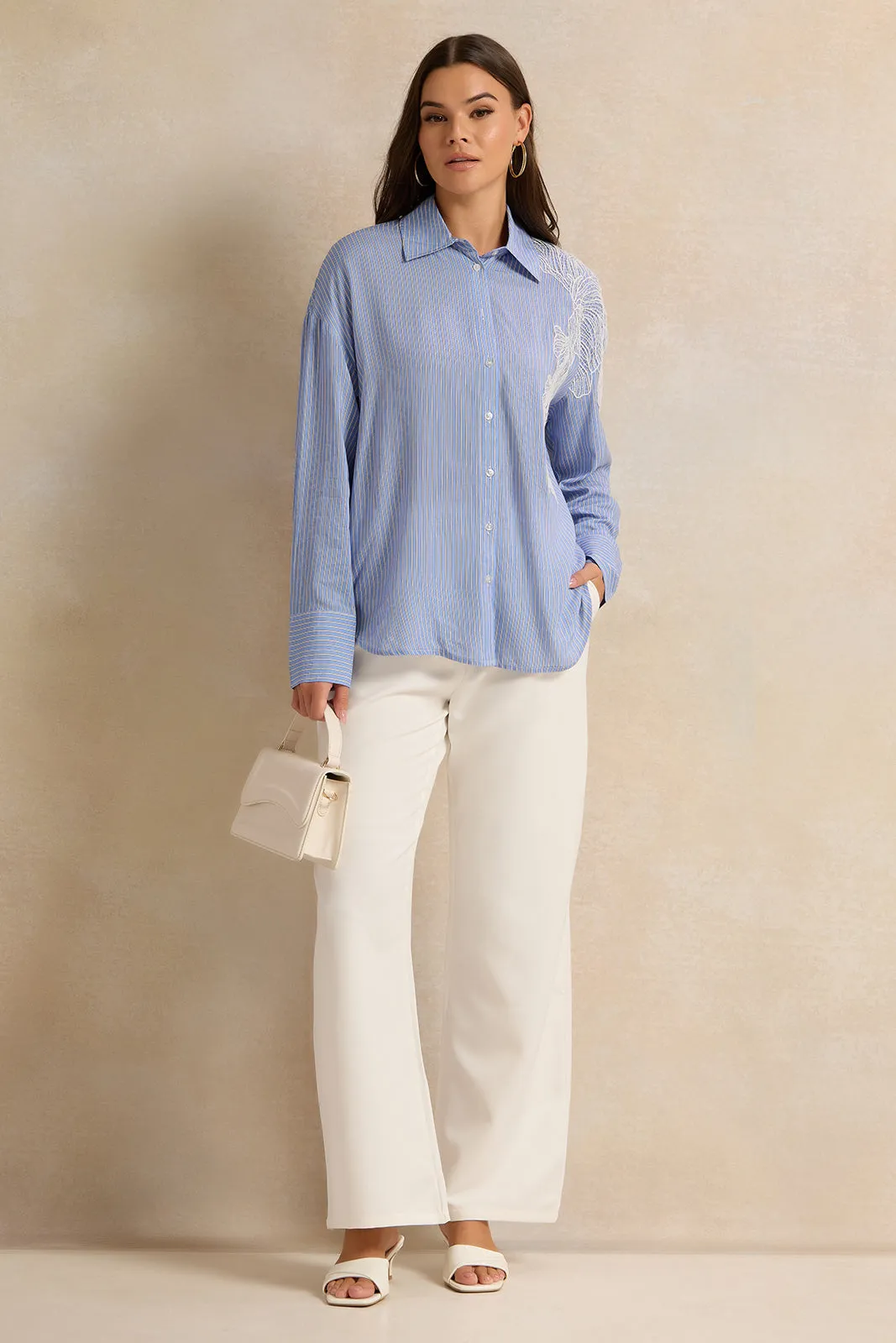 Women Blue Lace Patch Striped Shirt sold by Redtag product image thumbnail 2