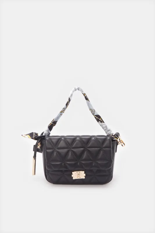 Women Black Textured Flap Messenger Bag sold by Redtag