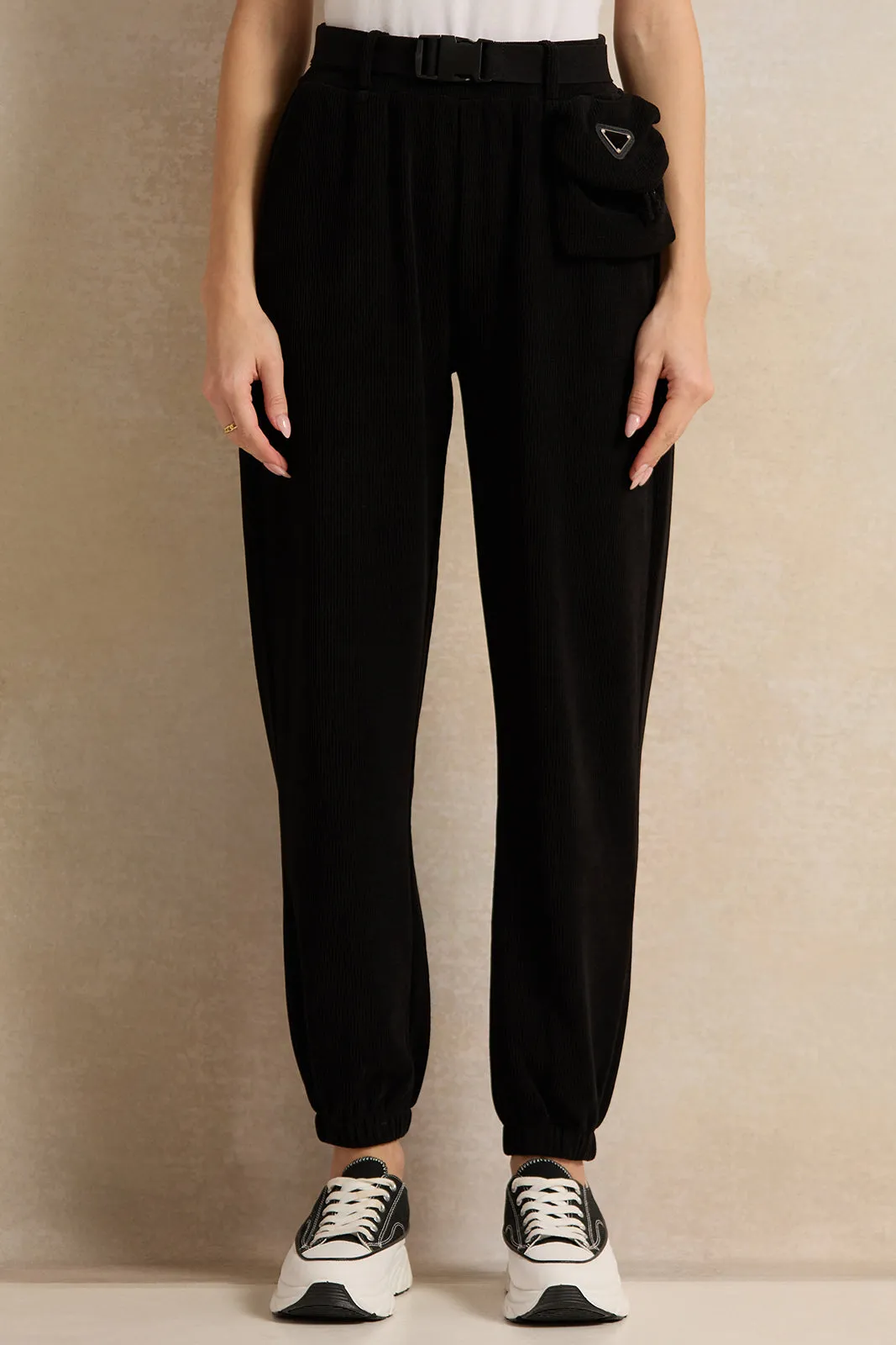 Women Black Jogger Trousers With Waist Bag sold by Redtag