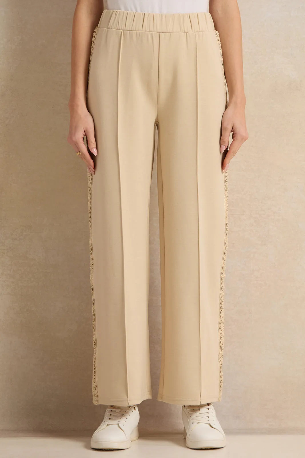 Women Beige Trousers With Side Lace Trim sold by Redtag