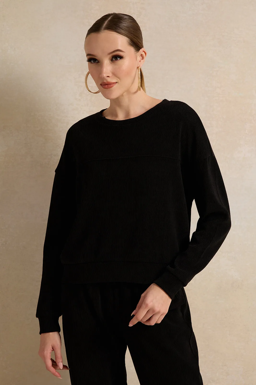 Women Black Ribbed Sweatshirt sold by Redtag