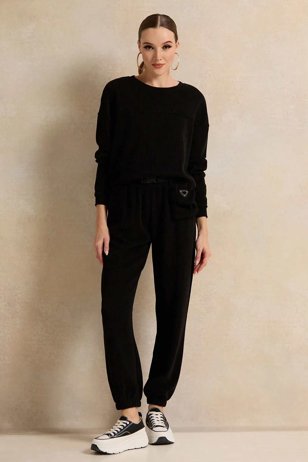 Women Black Ribbed Sweatshirt sold by Redtag product image thumbnail 2