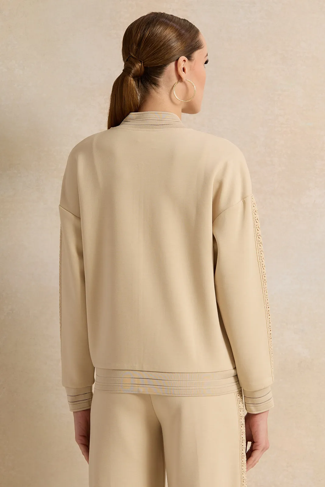 Women Beige Bomber Sweatshirt With Lace Trim sold by Redtag product image thumbnail 3