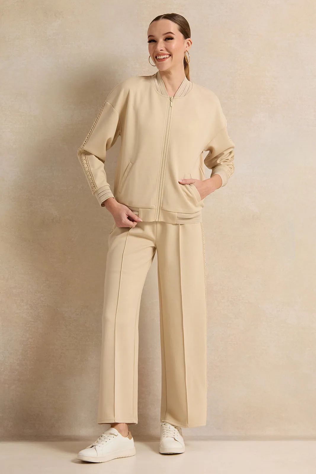 Women Beige Bomber Sweatshirt With Lace Trim sold by Redtag product image thumbnail 2