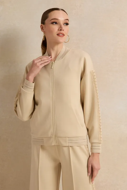 Women Beige Bomber Sweatshirt With Lace Trim sold by Redtag