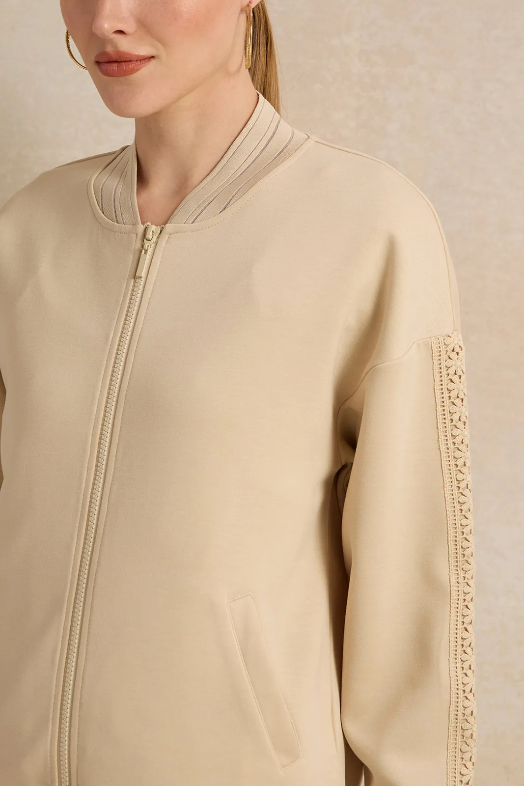 Women Beige Bomber Sweatshirt With Lace Trim sold by Redtag product image thumbnail 4