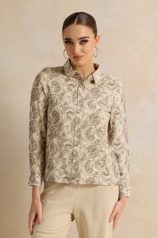 Women Beige Printed Collared Shirt Blouse sold by Redtag
