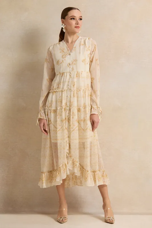 Women Beige Printed Long Dress sold by Redtag