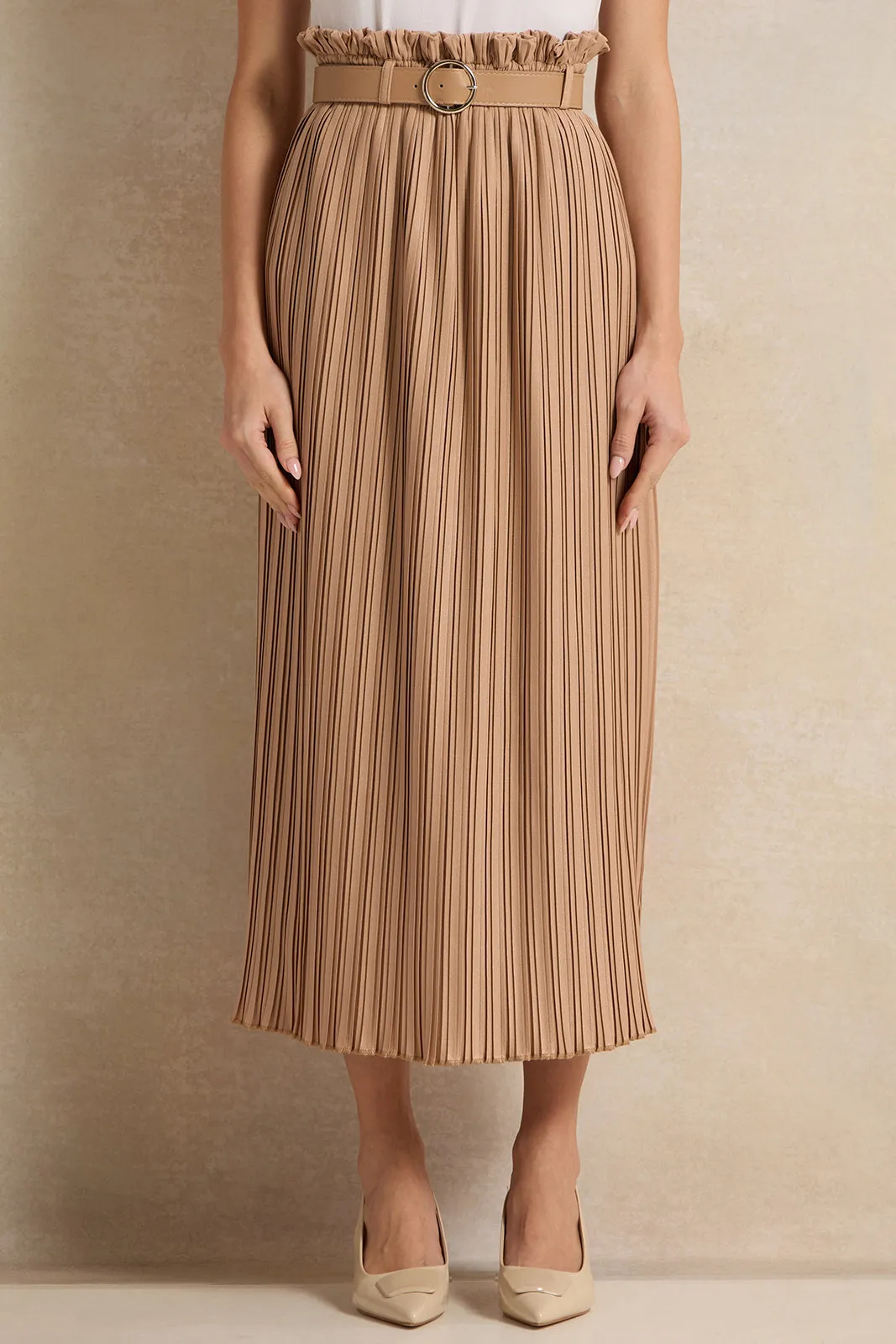 Women Beige Pleated Skirt sold by Redtag
