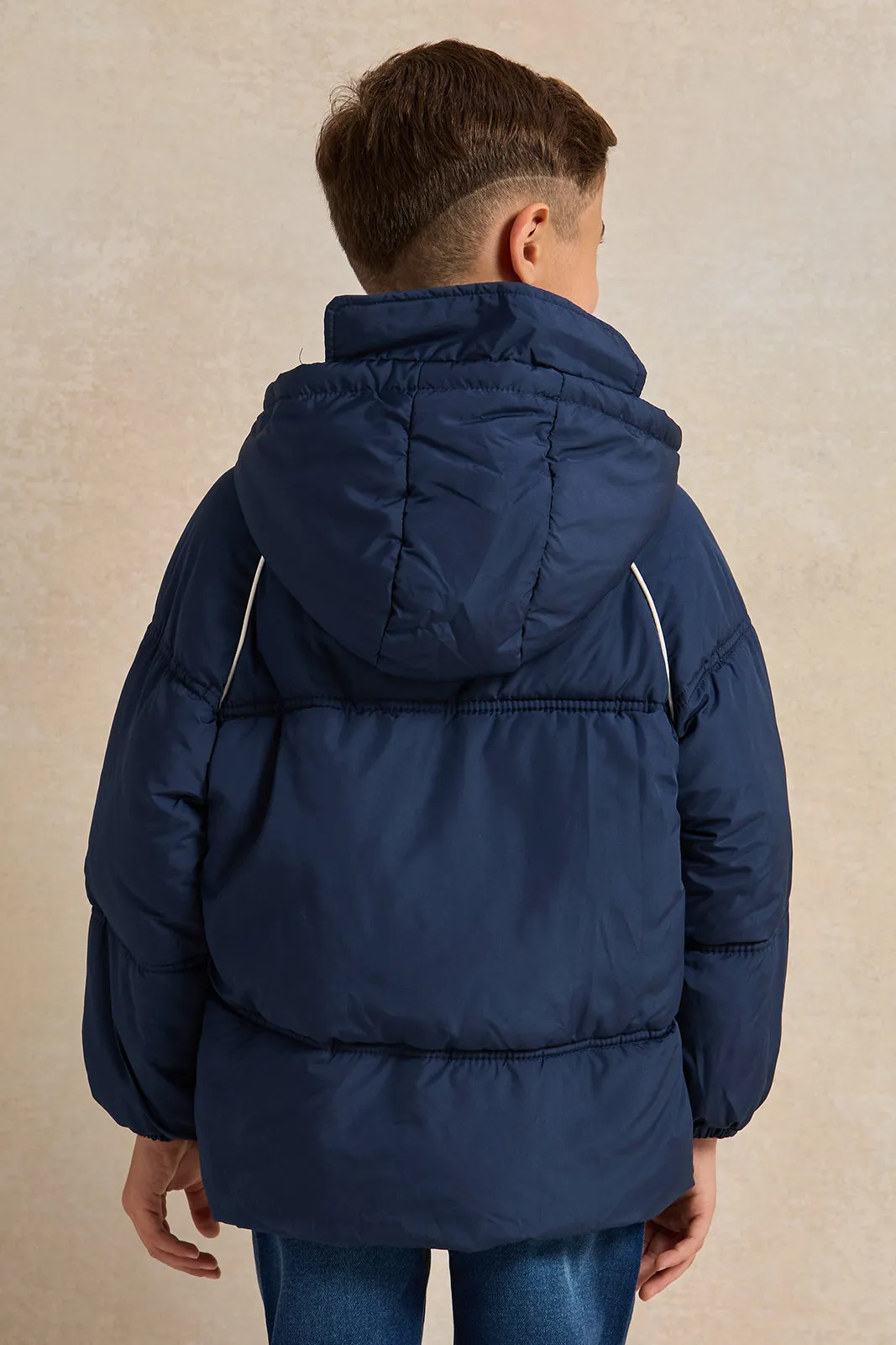 Boys Navy Padded Hooded Zip-Through Jacket sold by Redtag product image thumbnail 3