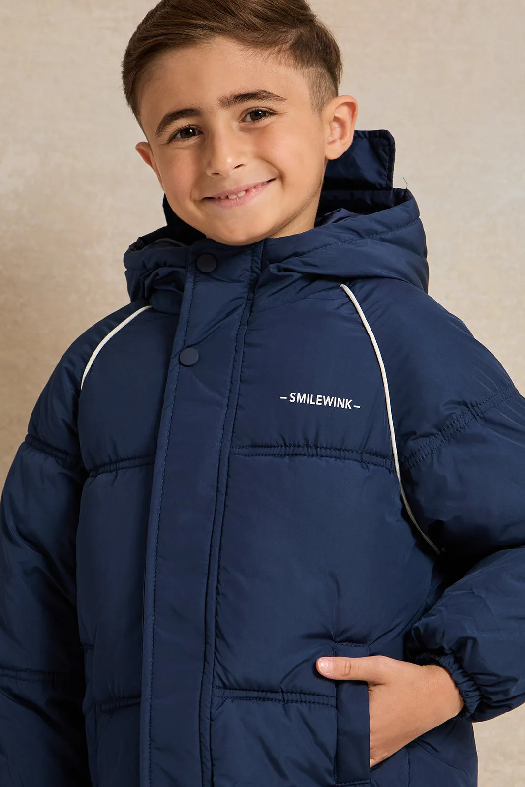 Boys Navy Padded Hooded Zip-Through Jacket sold by Redtag product image thumbnail 4