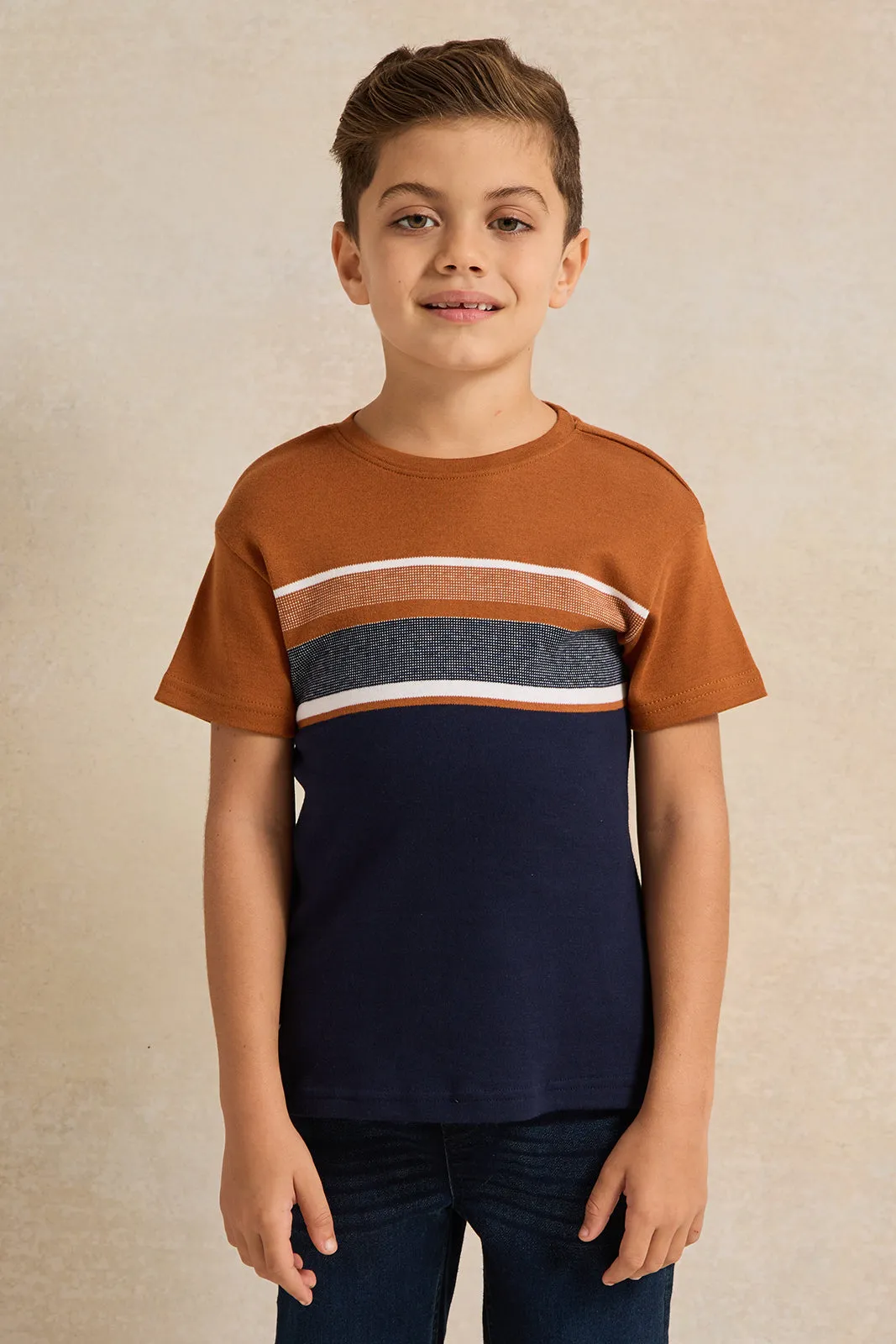Boys Navy And Beige Striped T-Shirt sold by Redtag