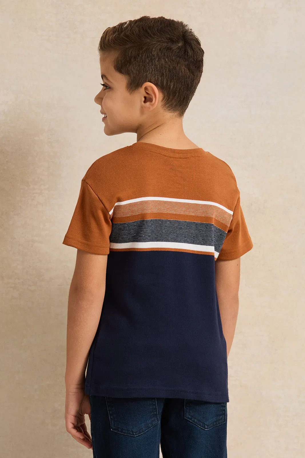 Boys Navy And Beige Striped T-Shirt sold by Redtag product image thumbnail 3