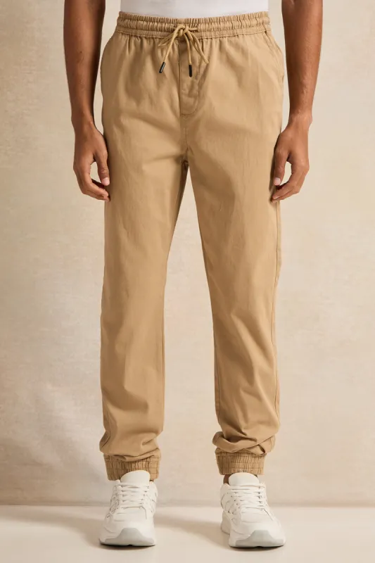 Men Beige Twill Joggers sold by Redtag