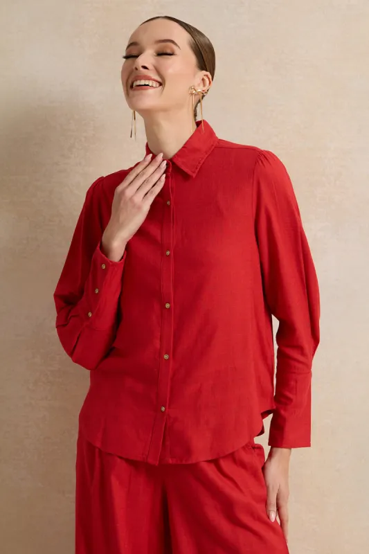Women Red Buttoned Down Shirt Blouse sold by Redtag