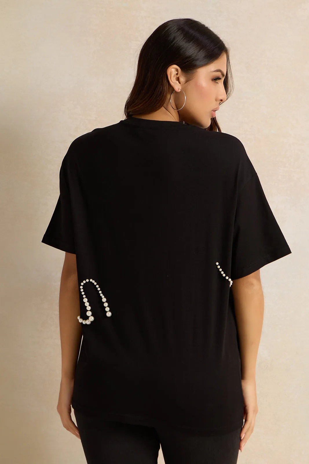 Women Black Pearl Beaded T-shirt sold by Redtag product image thumbnail 3