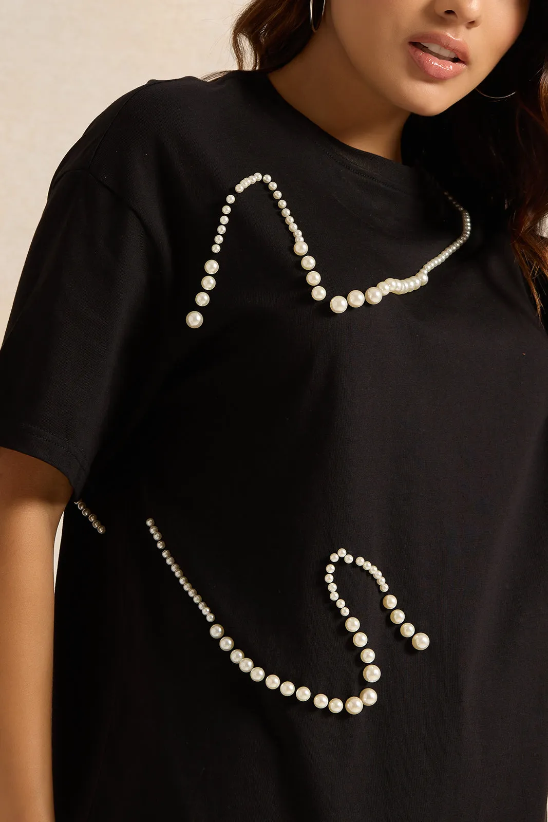 Women Black Pearl Beaded T-shirt sold by Redtag product image thumbnail 4
