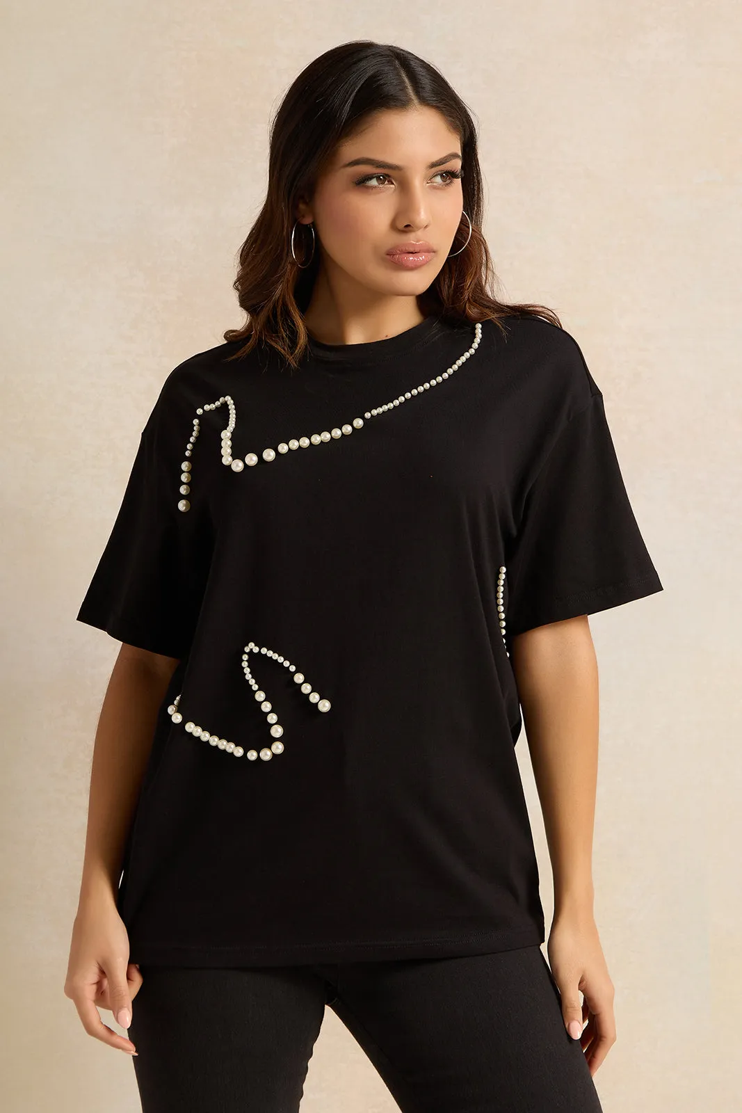 Women Black Pearl Beaded T-shirt sold by Redtag
