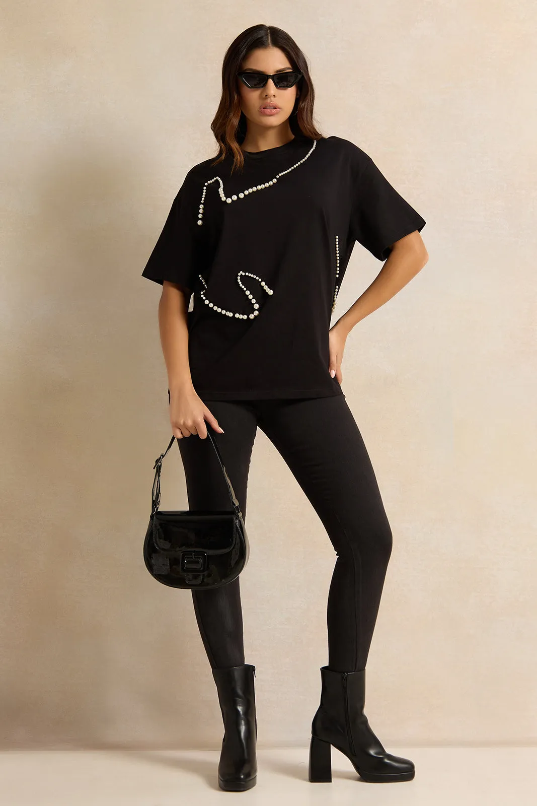 Women Black Pearl Beaded T-shirt sold by Redtag product image thumbnail 2