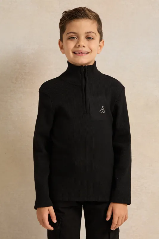 Boys Black T-Shirt With Half Zip sold by Redtag