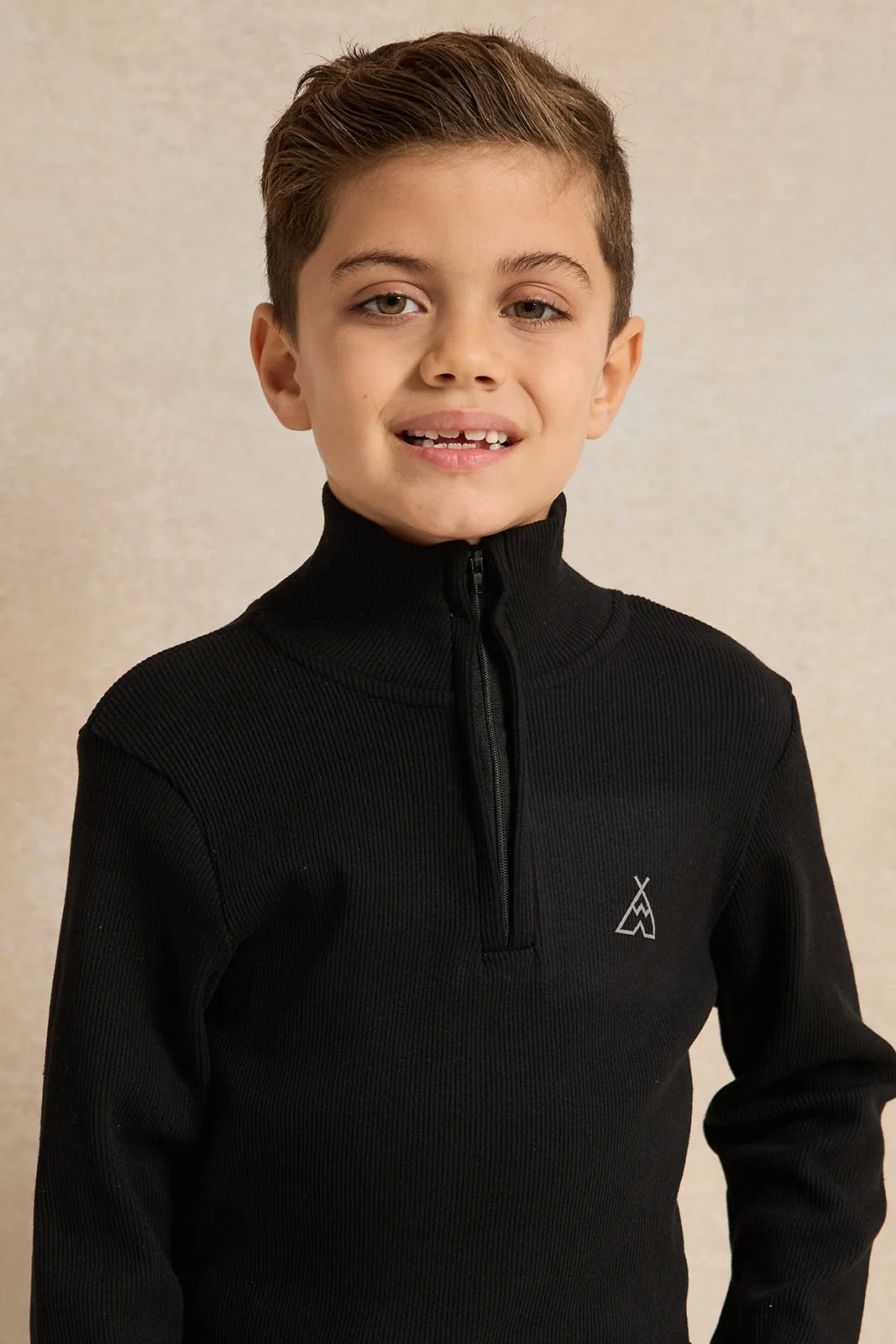 Boys Black T-Shirt With Half Zip sold by Redtag product image thumbnail 4