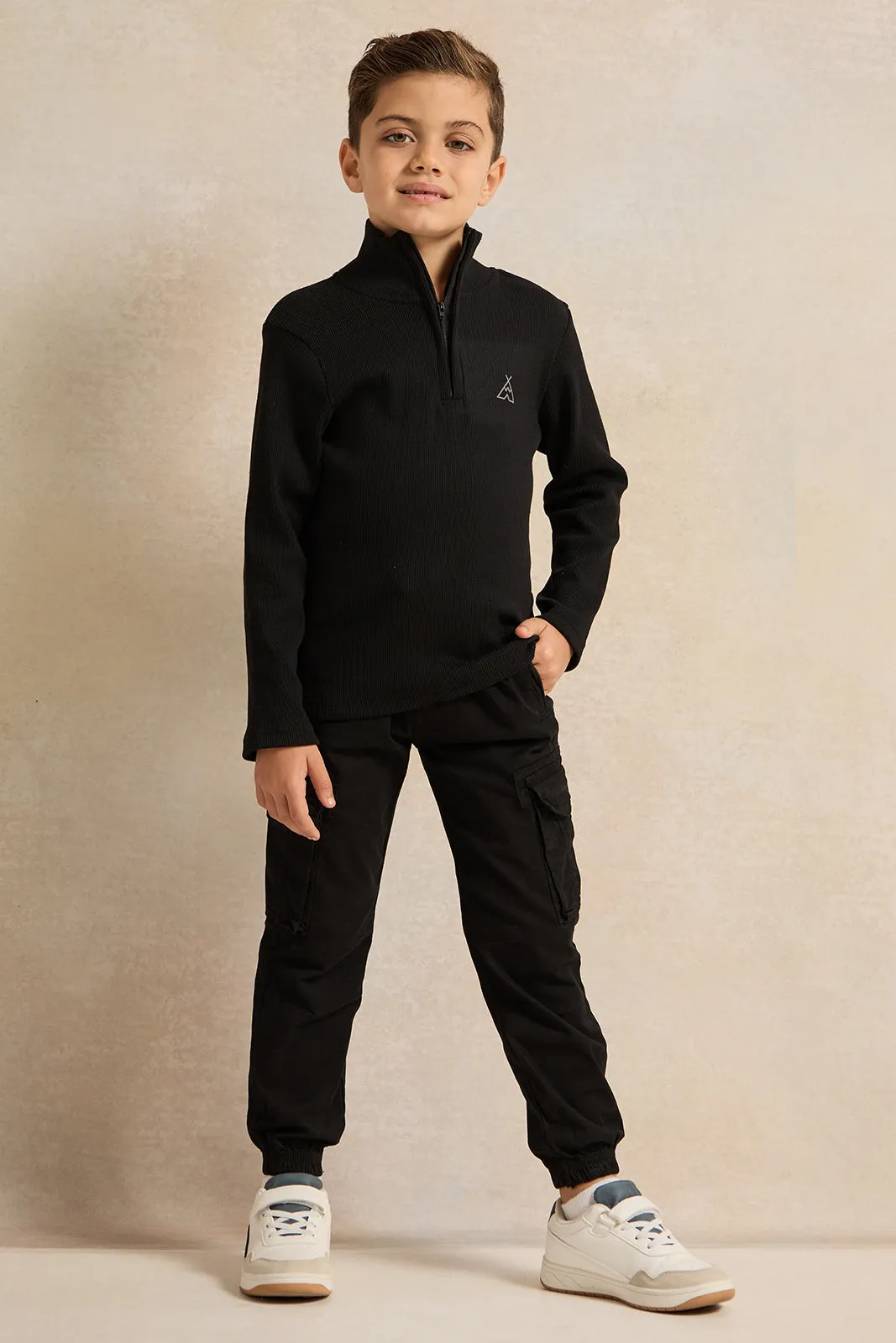 Boys Black T-Shirt With Half Zip sold by Redtag product image thumbnail 2