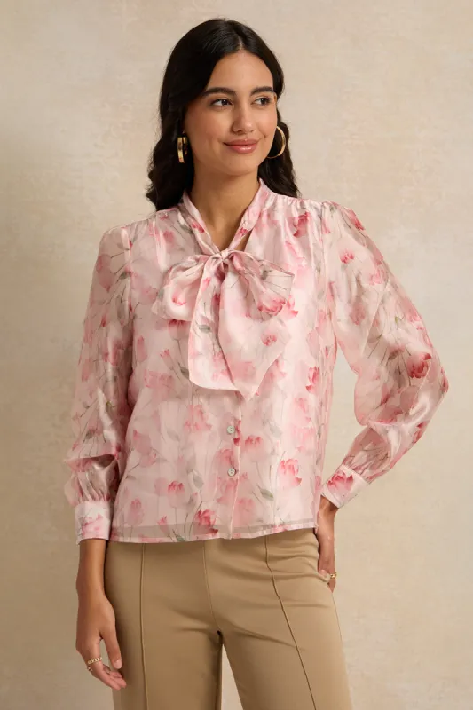 Women Pink Printed Tie Up Neck Blouse sold by Redtag