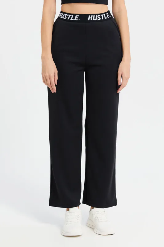 Women Black Straight Leg Active Pants With Waist Tape Detailing sold by Redtag
