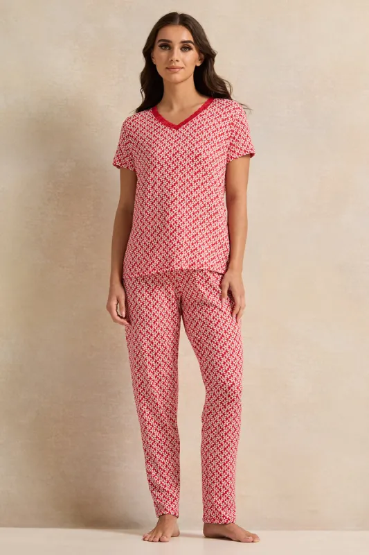 Women Red Printed Pyjama Set (2 Piece) sold by Redtag