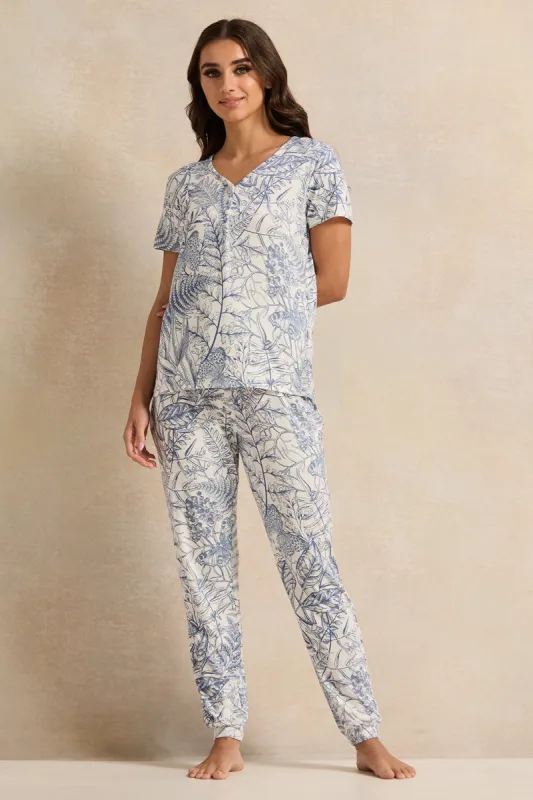 Women White And Blue Printed Pyjama Set (2 Piece) sold by Redtag