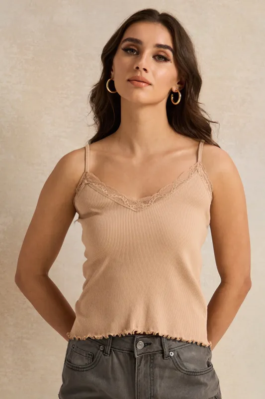 Women Beige Strappy Lace Vest sold by Redtag