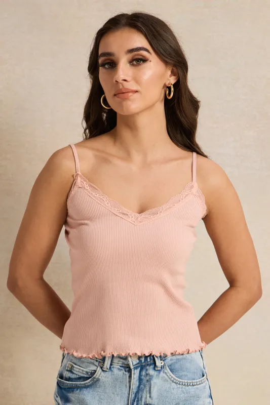 Women Pink Strappy Lace Vest sold by Redtag