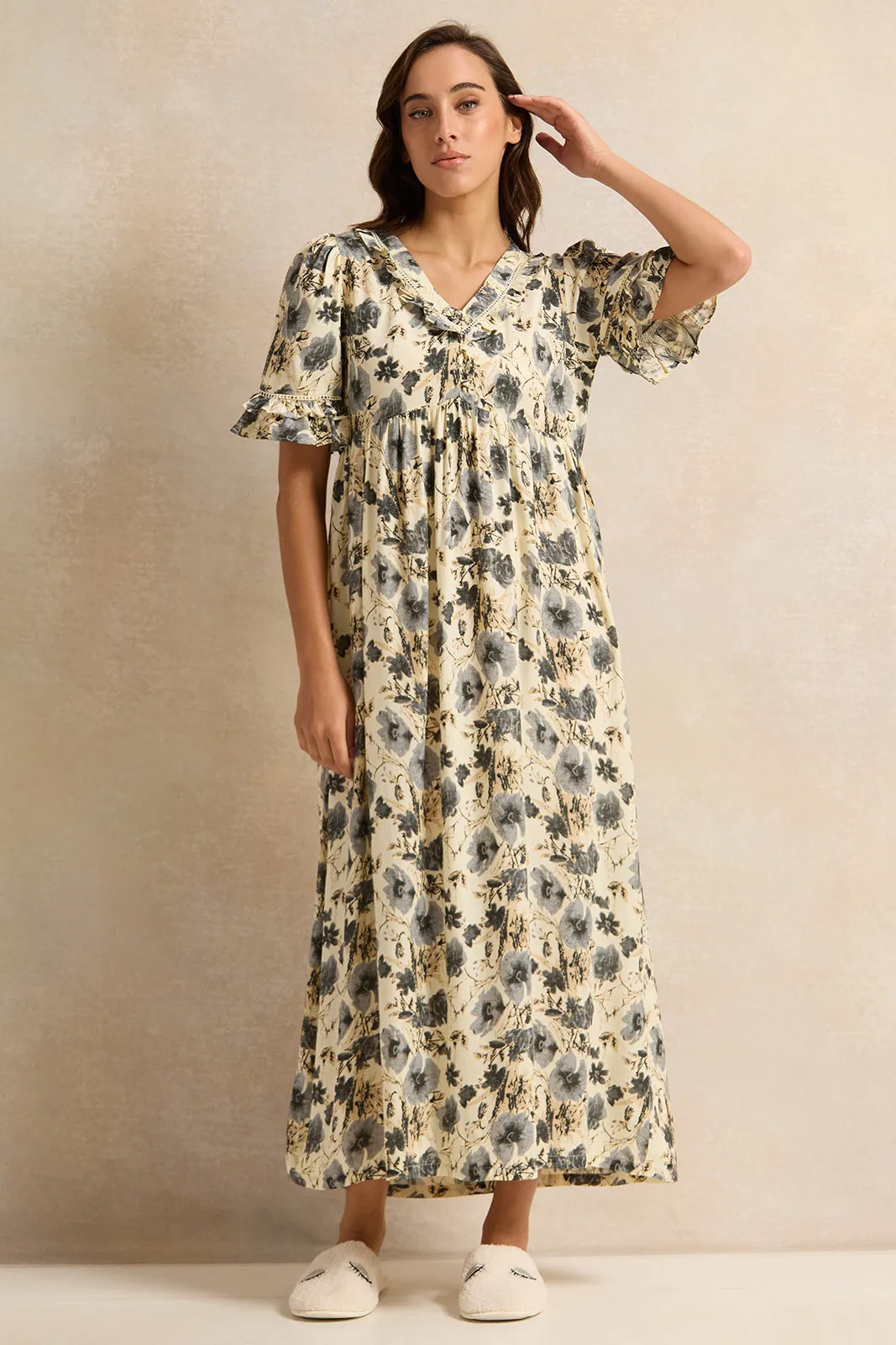 Women Beige Floral Printed Nightgown sold by Redtag