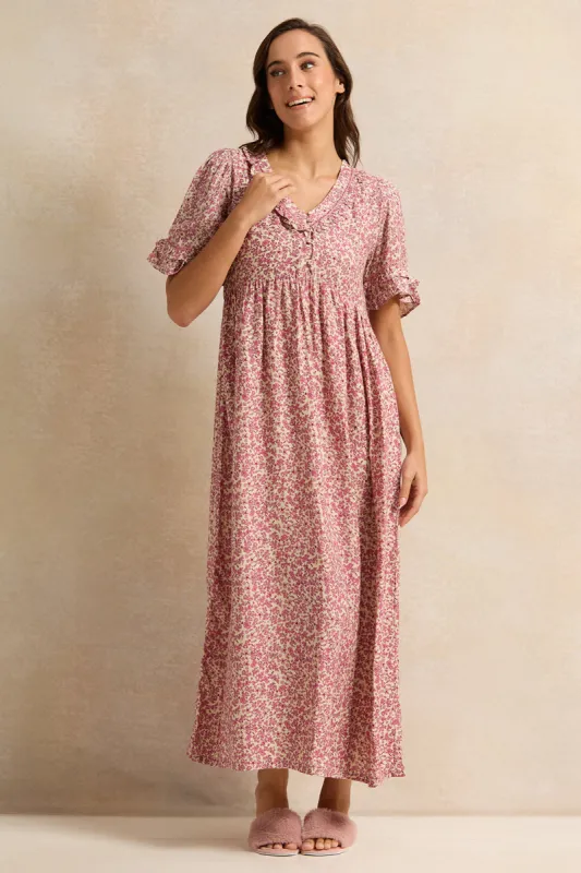 Women Pink Elbow Sleeves Nightgown sold by Redtag