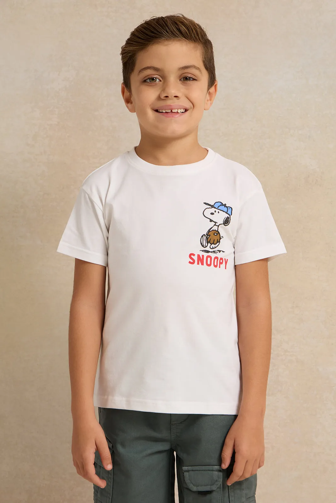 Boys White Snoopy Character Printed T-shirt sold by Redtag