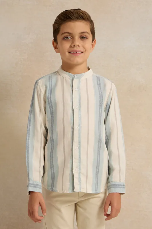 Boys Blue Striped Mandarin Collar Shirt sold by Redtag