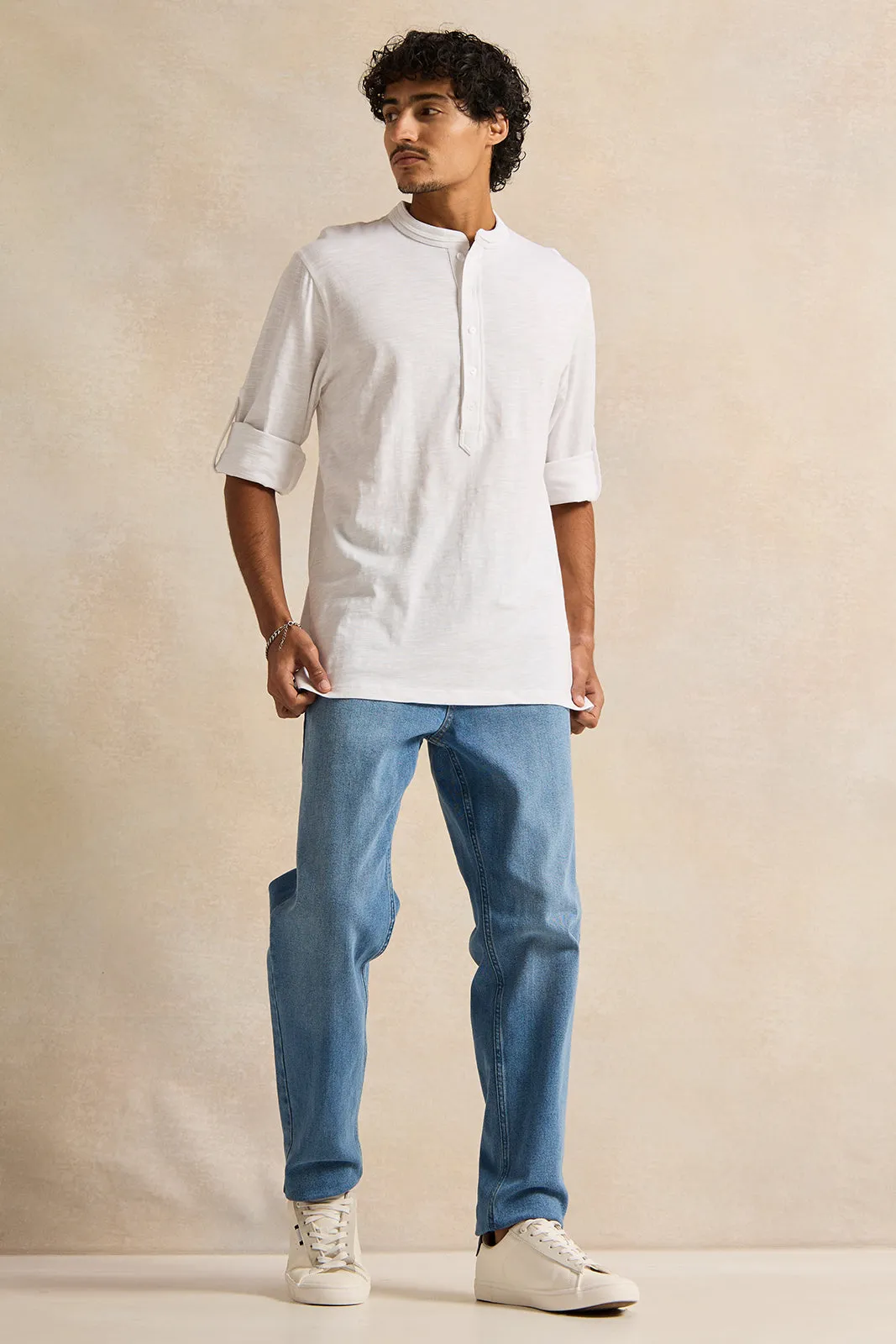 Men White Suede Tipped Kurta Shirt sold by Redtag product image thumbnail 2