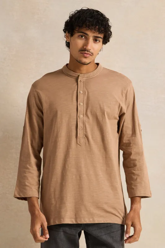 Men Beige Suede Tipped Kurta Shirt sold by Redtag