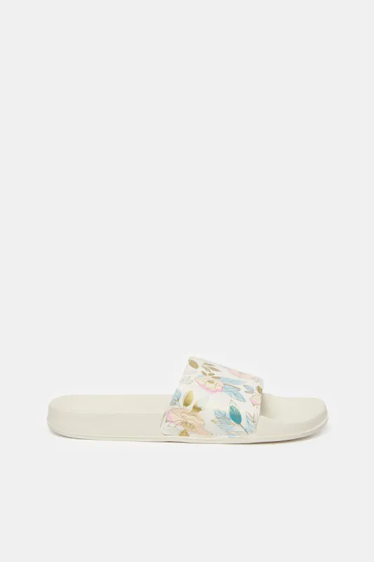 Women Beige Floral Print Slide sold by Redtag