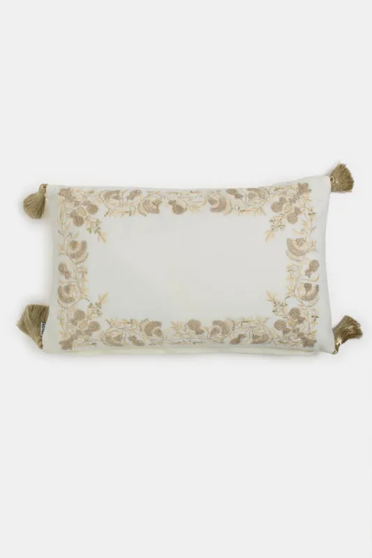 Ivory/Gold Floral Embroidered Cushion With Tassels sold by Redtag